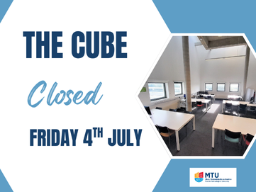 Blue and white image of The Cube closed