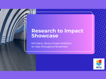 White text on a purple and blue background with information on the Research to Impact Showcase at North Campus Library.