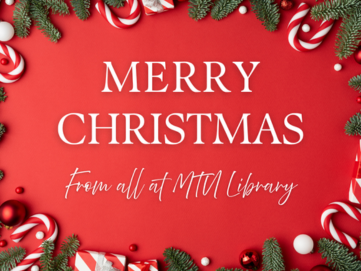 Christmas decorations on a red background with white text in the centre of the image.