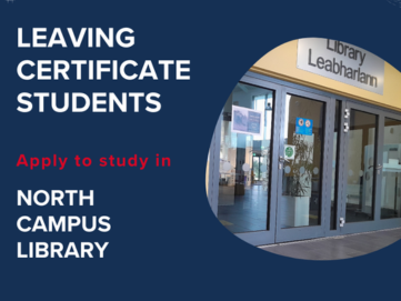 Image of library entrance on a navy background with white and red text.