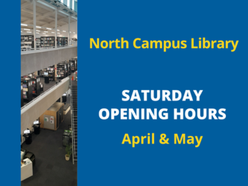Image North Campus Library interior on a blue background with yellow and white text.