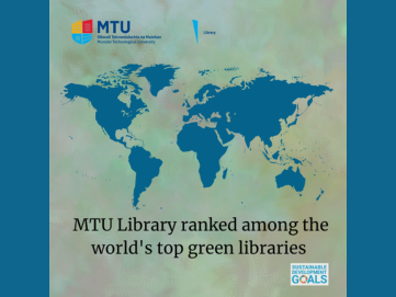 Graphic of the world map and black text on a green background with MTU Library logo and SDG logo.